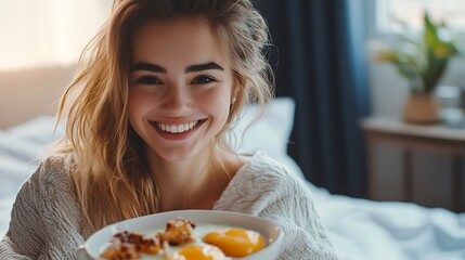 Smiling woman having tasty breakfast on bed closeup : Generative AI