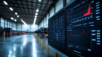 Wall Mural - A view of the warehouseâs energy management dashboard, displaying real-time data on power consumption, solar energy production, and carbon footprint.