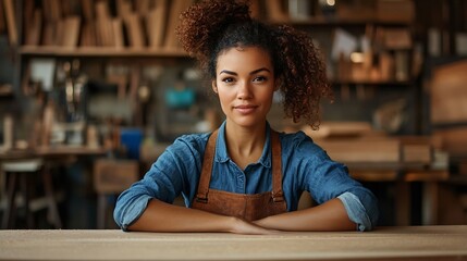 Image of skilled curly female carpenter plans wood in workshop makes wooden products in her joinery uses different craft tools wears blue shirt and denim overalls isolated over brown b : Generative AI