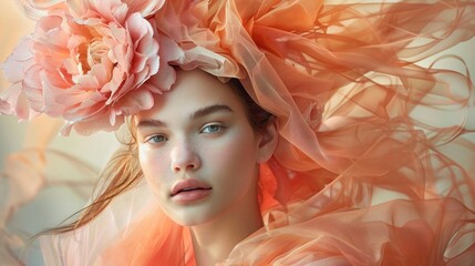 Wall Mural - A woman with a pink flower headdress and orange dress