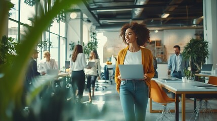 Multiethnic startup business team on meeting in a modern bright open space coworking office Brainstorming working on laptop Group of coworkers walking around in motion blur : Generative AI