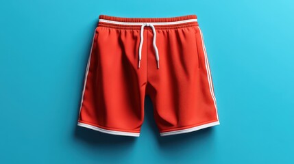 Stylish red athletic shorts on a vibrant blue background, perfect for summer sports or casual wear.