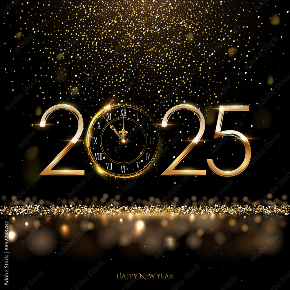 2025 Happy New Year clock countdown background. Gold glitter shining in