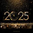 © backup16 - 2025 Happy New Year clock countdown background. Gold glitter shining in light with sparkles abstract celebration. Greeting festive card vector illustration. Square holiday poster or wallpaper design.