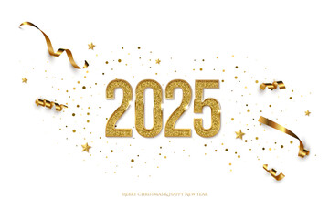 Wall Mural - 2025 Happy New Year greeting card vector template. Festive Christmas horizontal social media banner design with congratulations. Golden numbers with confetti realistic illustration on white background