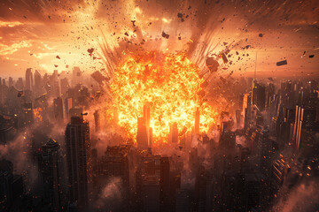 A fiery explosion engulfs a futuristic metropolis, casting a menacing glow over the skyline. The aftermath is a chaotic dance of debris and destruction.