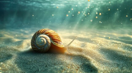 A sea snail with a spiral shell, moving gently across the seabed, with tiny particles of sand suspended in the water