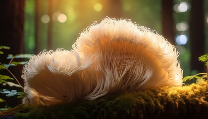 the rare edible lion s mane mushroom hericium erinaceus pruikzwam in the forest beautifully radiant big giant mushroom generative ai