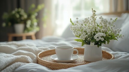 Poster - Breakfast in bed Cup of coffee wicker tray Green bouquet of white viburtnum fern and solomons seal flowers Modern boho night stand Bedroom view Beige pillows linen blanket Elegant moul : Generative AI