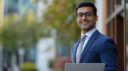 Leinwandbilder - Smiling indian businessman in suit and glasses with laptop near office building : Generative AI