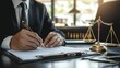 © PixelPlace - Close-up of a lawyer in a suit signing a legal document at a desk with scales of justice, symbolizing legal work and authority.