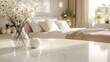 © The Little Hut - Marble table top with white bed in bedroom loose focal background  Close up photo of contemporary interior modern living space : Generative AI
