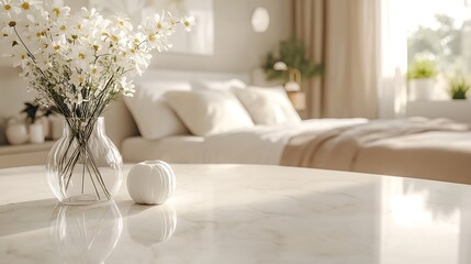 Poster - Marble table top with white bed in bedroom loose focal background  Close up photo of contemporary interior modern living space : Generative AI