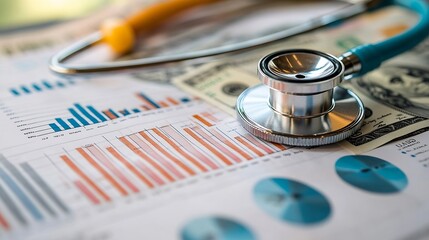 Leinwandbilder - Stethoscope and US dollar banknotes on chart or graph paper Financial account statistics and business data  medical health concept : Generative AI
