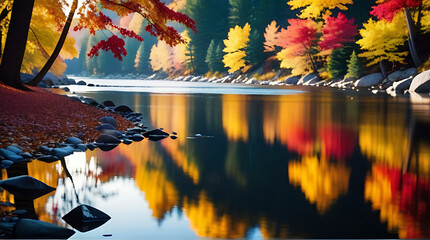 peaceful river colorful fall foliage reflecting calm water