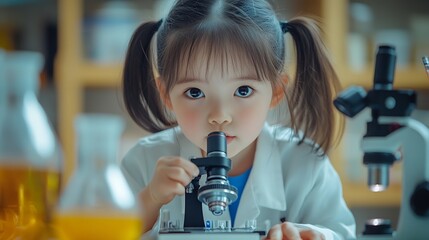 Fototapete - portrait asian little female kid in scientist uniform trying to use a microscope doing a chemistry lab experiment in science classconcept education science class workshop : Generative AI