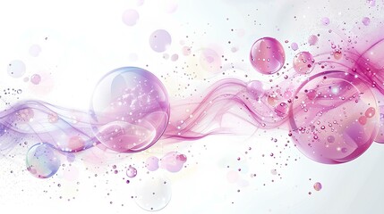 Wall Mural - White background, pink and purple bubbles floating in the air, layout is symmetrical, presenting an abstract pattern of water droplets and planets, creating a visual impact.