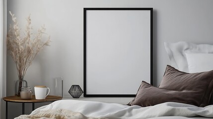 Poster - Vertical black picture frame mockup Retro wooden mahogany bedside table cup of coffee Beige linen throw brown velvet pillow in bed White wall background Scandinavian bedroom elegant in : Generative AI