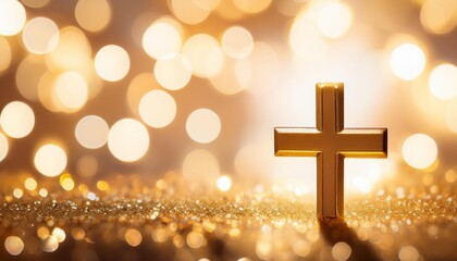 beautiful gold bokeh background with a christian cross