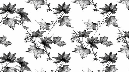 Monochrome seamless vector pattern featuring intricate black and white maple leaves, creating an elegant and timeless botanical design for backgrounds, textiles, and seasonal themes