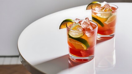 Close up view of refreshing caipirinha cocktails with lime on tabletop on white