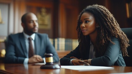 Aufkleber - Justice and law concept Law legal judgement courtroom gavel African American attorney lawyers discussing contract or business agreement at law firm office : Generative AI