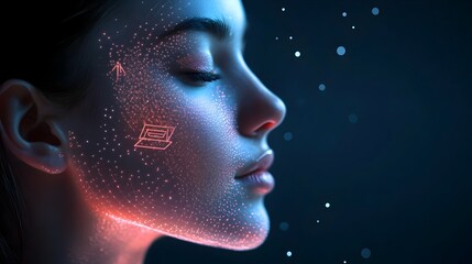 Poster - A digital skin analysis tool displaying futuristic graphics that visualize microbiome balance used to tailor personalized skincare treatments  The clean