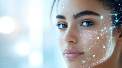 Poster - A digital skin analysis tool with advanced microbiome balance tracking and futuristic graphics used to provide personalized skincare treatment recommendations and targeted skin solutions