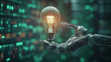 Wall Mural - a robotic hand holding a glowing light bulb, symbolizing innovation and technology integration in a 