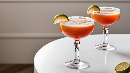 Close up view of refreshing caipirinha cocktails with lime on tabletop on white