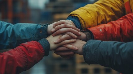 Poster - Close up view of warehouse workers putting their hands together Stack of hands Unity and teamwork : Generative AI