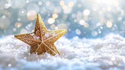 Aufkleber - Golden christmas star ornament rests on snow with a dazzling backdrop