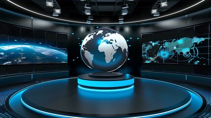 3D rendering of a virtual studio set for a news or stock market show with a large round stage and LED screen wall. design features a circular podium in the center perfect interview platform 