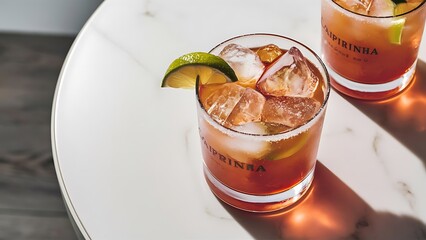 Close up view of refreshing caipirinha cocktails with lime on tabletop on white