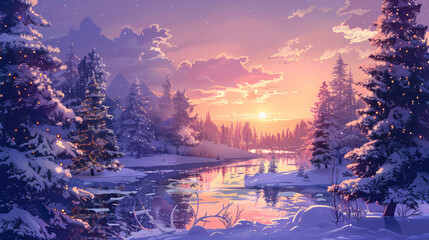 Aufkleber - Winter wonderland: stunning snow-covered pine trees reflecting in water at sunset