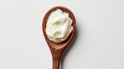 Aufkleber - Natural yogurt in wooden spoon isolated on white top view : Generative AI