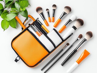 Wall Mural - Vibrant makeup brush set arranged in an orange case, perfect for beauty enthusiasts and professional makeup artists.