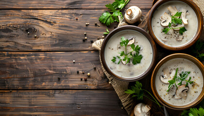 Canvas Print - Mushroom cream soup. Vegan food. Dietary menu. Top view. Flat lay.