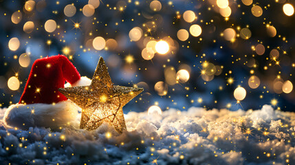 Poster - Festive christmas star and santa hat shine in the falling snow, surrounded by shimmering bokeh lights