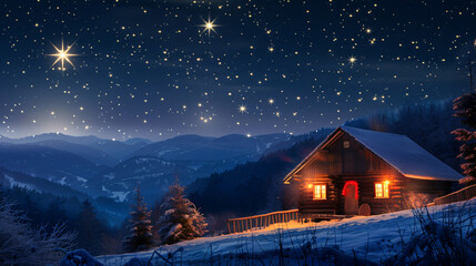 Poster - Wooden cabin covered by snow is illuminated at night with a starry sky and snowy mountains in the background during winter holidays