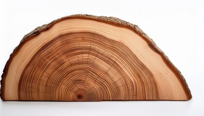 smooth cross section brown tree stump slice with age rings cut fresh from the forest with wood grain isolated on white