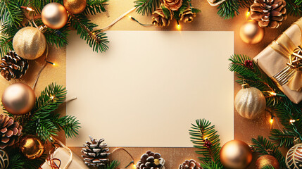 Festive christmas border with fir branches, pine cones, and golden ornaments surrounding a blank card on a sparkling gold background