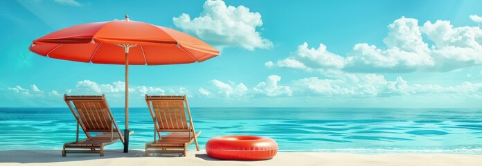 Wall Mural - Relaxing Beach Day with Two Lounge Chairs and an Orange Umbrella