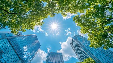 Poster - Urban City Skyline Architecture Looking up on Sunny Summer Day with Blue Sky and Clouds Commercial Real Estate Growth Horizontal Perspective : Generative AI