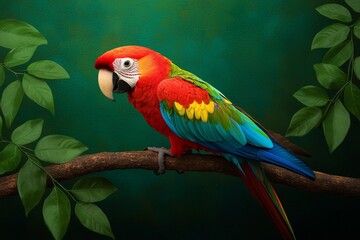 Wall Mural - A vibrant parrot perched on a branch, showcasing brilliant red, green, and blue feathers against a lush, green background.