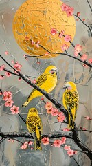 Sakura and budgies abstract illustration poster background