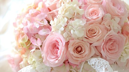 Wall Mural - Close-up of a romantic bouquet featuring pink roses and hydrangeas, adorned with a lace ribbon.