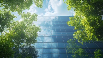 Wall Mural - Sustainable green building Ecofriendly building Sustainable glass office building with trees for reducing carbon dioxide Green company office with green environment Corporate building  : Generative AI