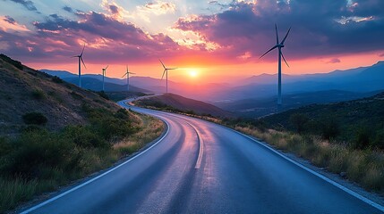 Aufkleber - Mountain road at colorful sunset in summer Beautiful curved roadway Empty highway through the mountains with wind turbines in the background : Generative AI