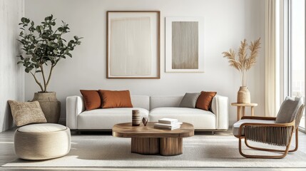 Poster - modern living room design mockup minimalist furniture and decorative plants and artwork